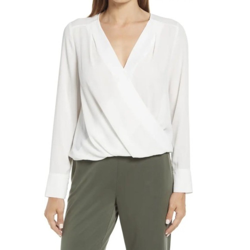 NWT Halogen Cross Faux Wrap Front White Women XXL Long sleeve Modern Blouse